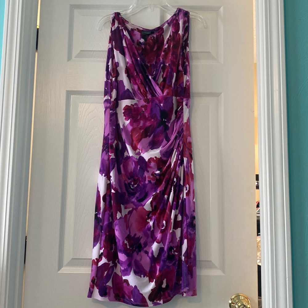 Ruched Floral Polo Ralph Lauren Semi-Formal Knee Length Dress V-Neck Derby